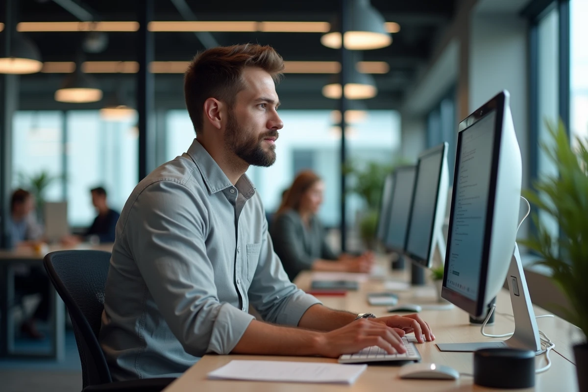Employé accédant à son espace personnel intranet depuis un poste de travail en open space professionnel