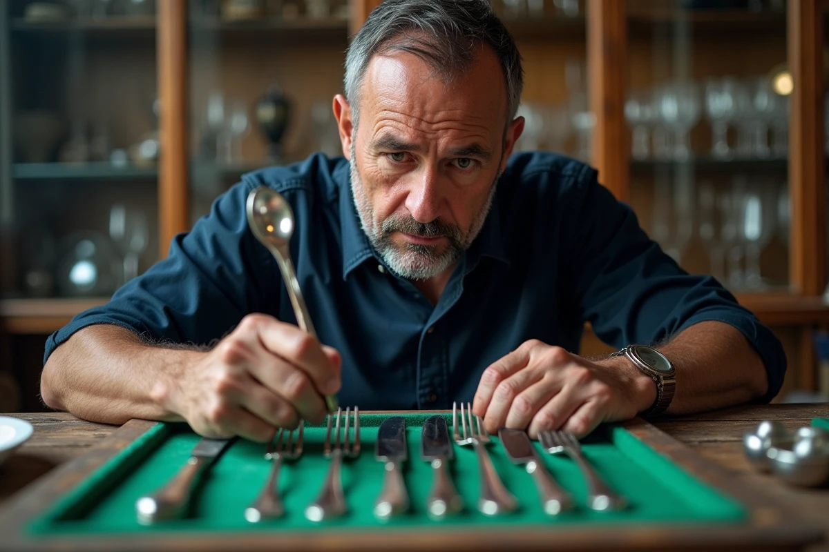 Antiquaire inspectant le poinçon d'une fourchette en argent avec une loupe de joaillier