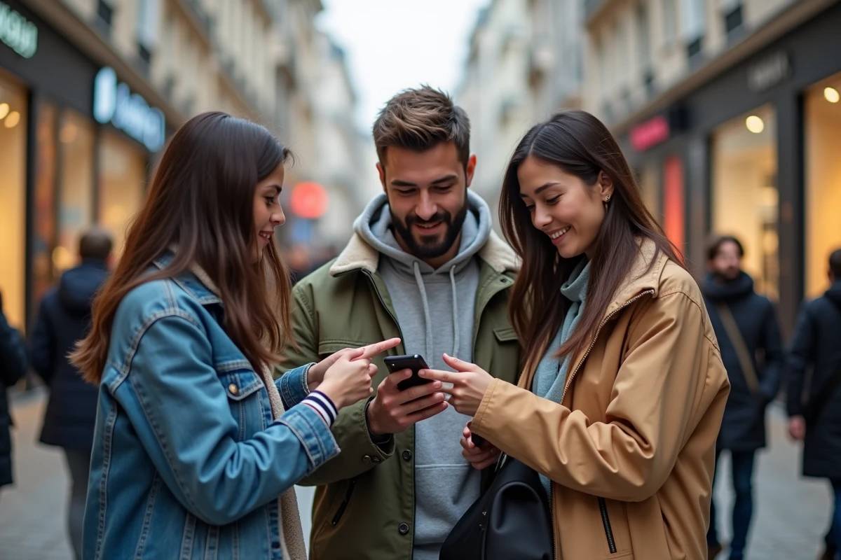 Groupe de personnes consultant une application de fidélité de marque pour des lots exclusifs en ville