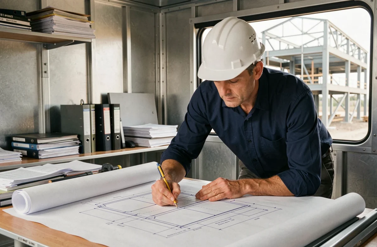 Architecte en casque blanc étudiant des plans de construction acier dans un bureau de chantier moderne