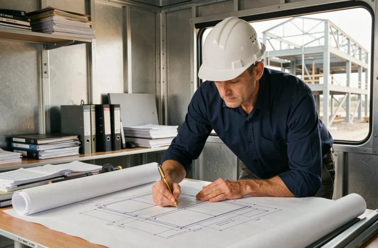 Architecte en casque blanc étudiant des plans de construction acier dans un bureau de chantier moderne