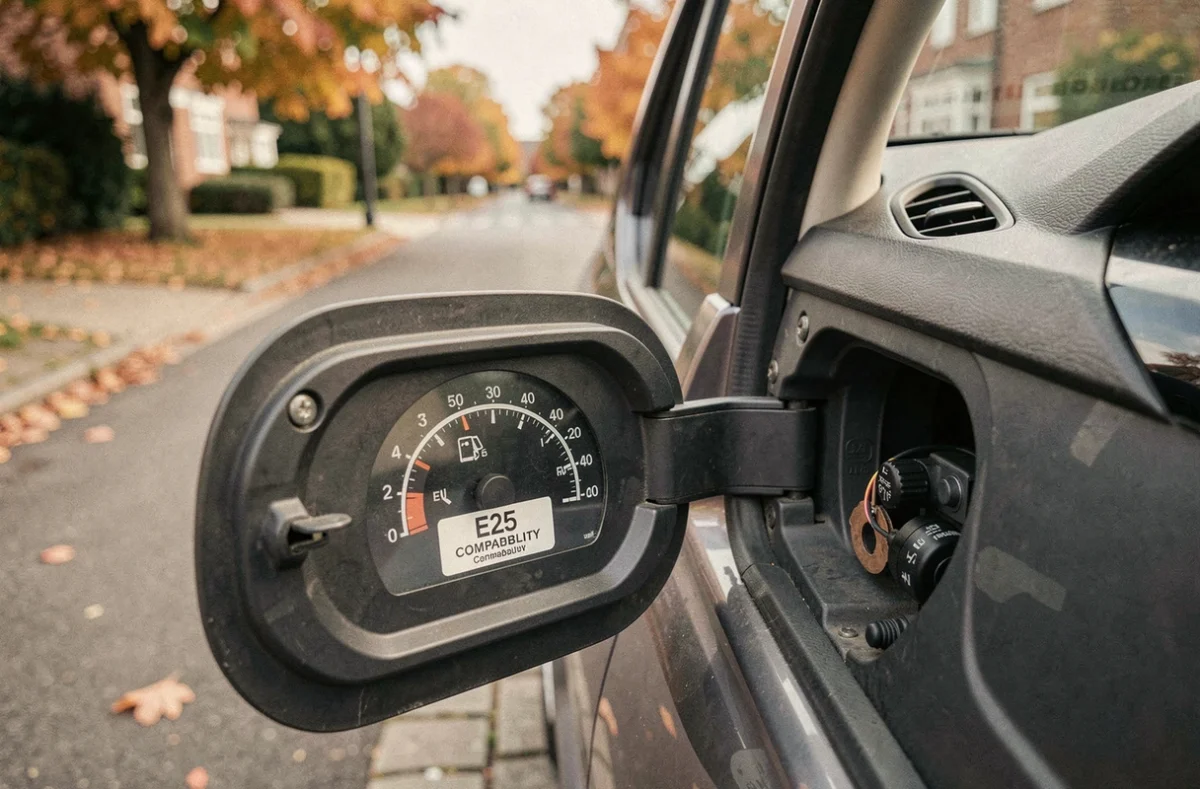 Badge de compatibilité E25 sur la trappe à carburant d'une voiture et jauge d'essence visible sur le tableau de bord