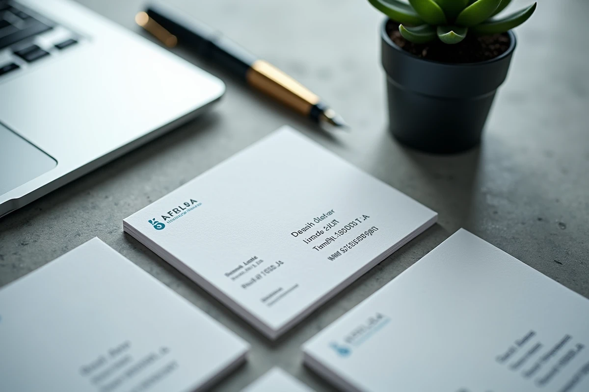 Carte de visite professionnelle avec numéro SIRET imprimé posée sur un bureau en béton vue de dessus
