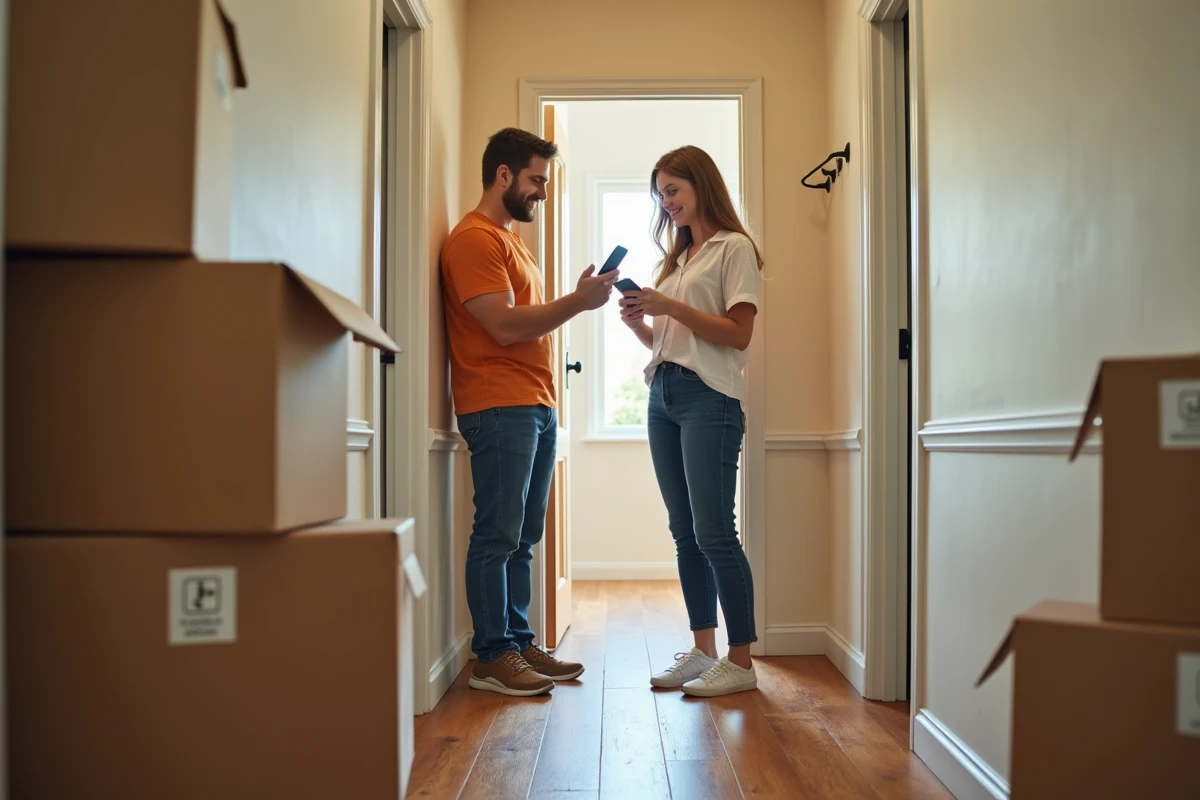 Deux colocataires consultant une liste de démarches APL sur smartphone dans un couloir encombré de cartons lors d'un déménagement