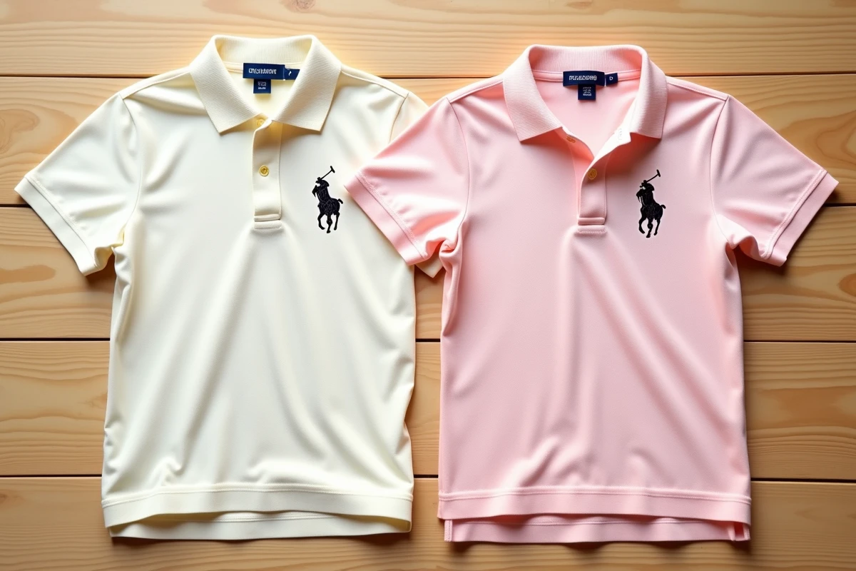 Comparaison de deux polos côte à côte sur bois clair montrant les logos distinctifs de Polo Club et Ralph Lauren