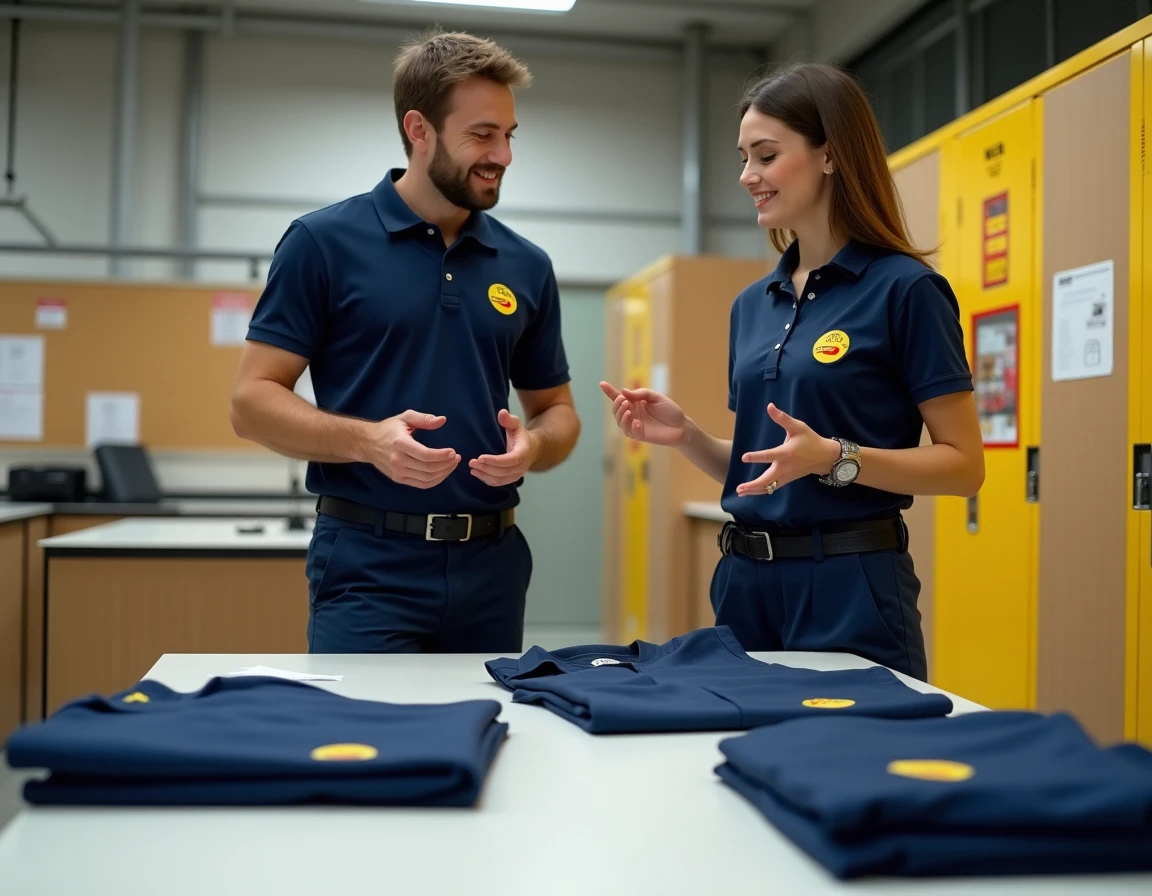 Deux salariés La Poste comparant les pièces de leur tenue professionnelle dans une salle de pause