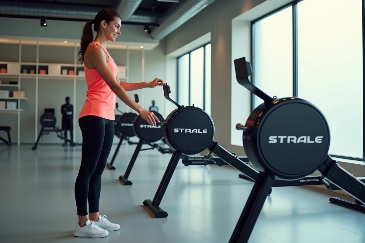 Comparatif de trois modèles de rameurs Striale exposés dans un showroom fitness