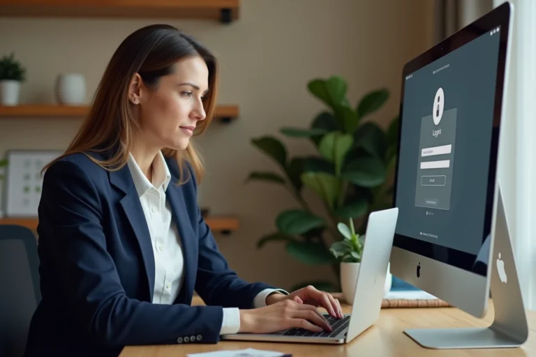 Professionnelle connectée à un espace personnel intranet sur son ordinateur portable dans un bureau à domicile moderne