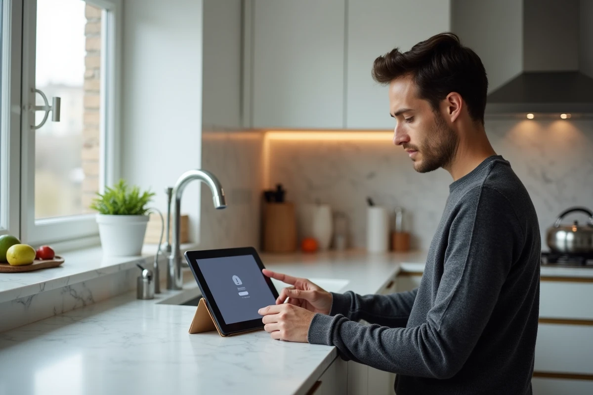 Personne se connectant à l'intranet de son entreprise via une tablette dans un espace de travail à domicile informel
