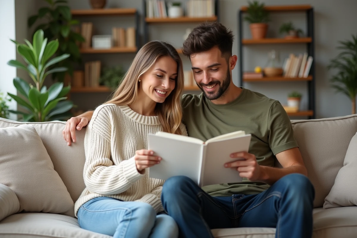 Couple planifiant l'organisation familiale sur un carnet dans un salon scandinave