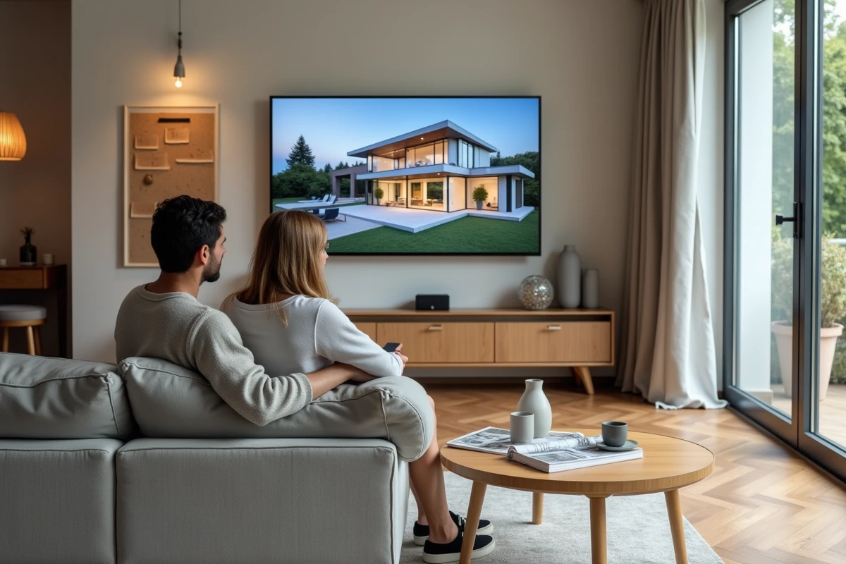 Couple examinant un plan de rénovation numérique sur grand écran dans un salon moderne avec parquet et tableau d'inspiration