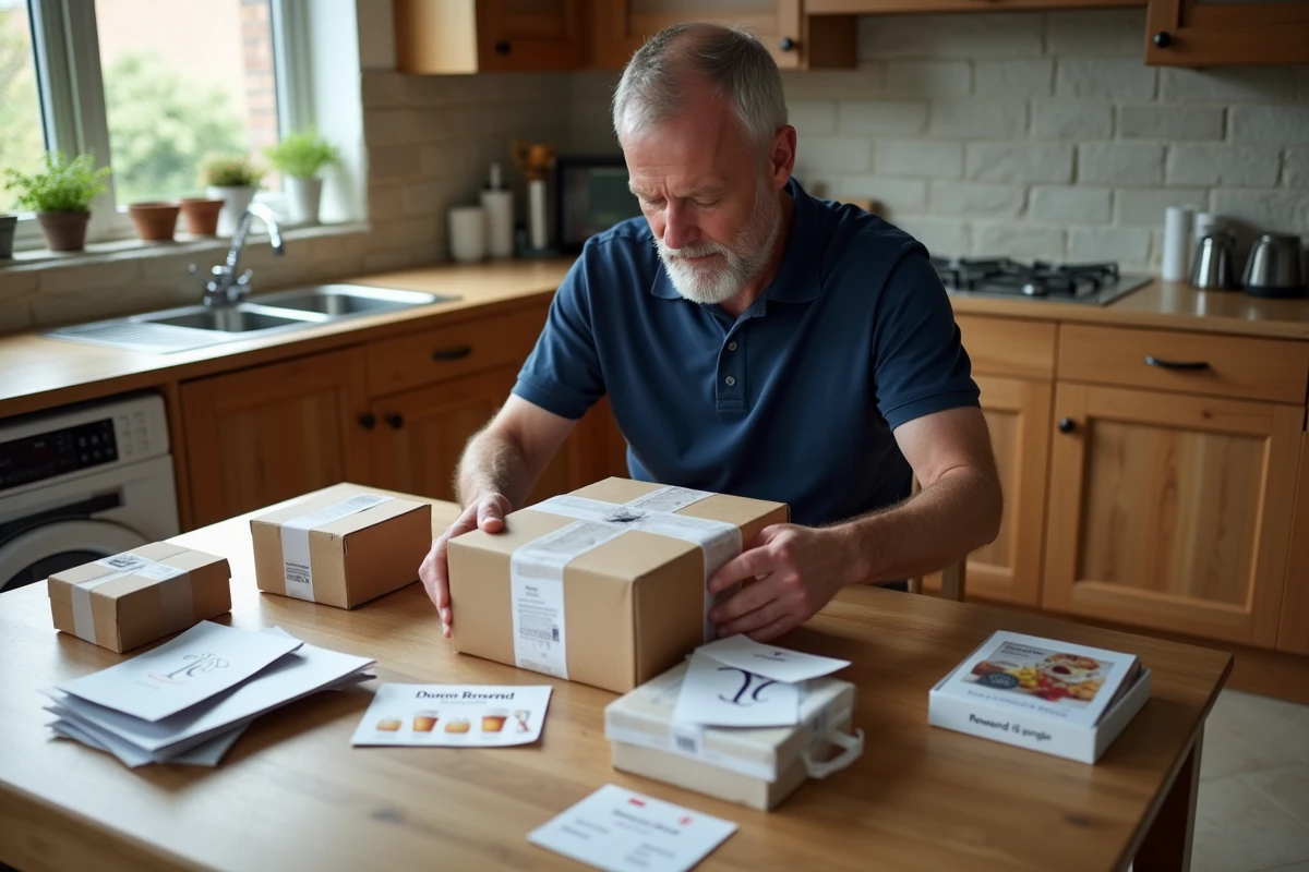 Homme déballant un lot promotionnel de marque à la maison avec des produits et brochures