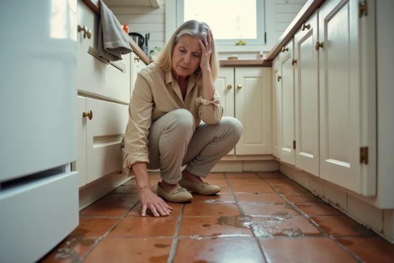 Femme inspectant des dégâts des eaux sur le mur de sa cuisine avec un plancher taché et un mur gonflé