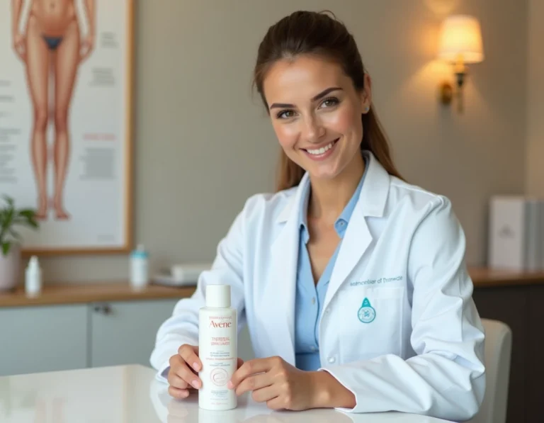 Dermatologue femme examinant un produit Avène dans son cabinet médical moderne