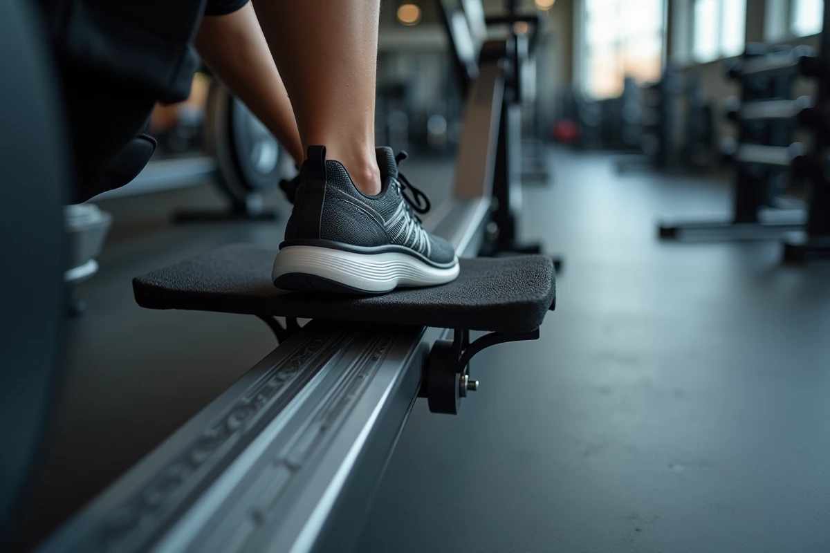 Détail du repose-pieds et du rail aluminium d'un rameur Striale en salle de sport