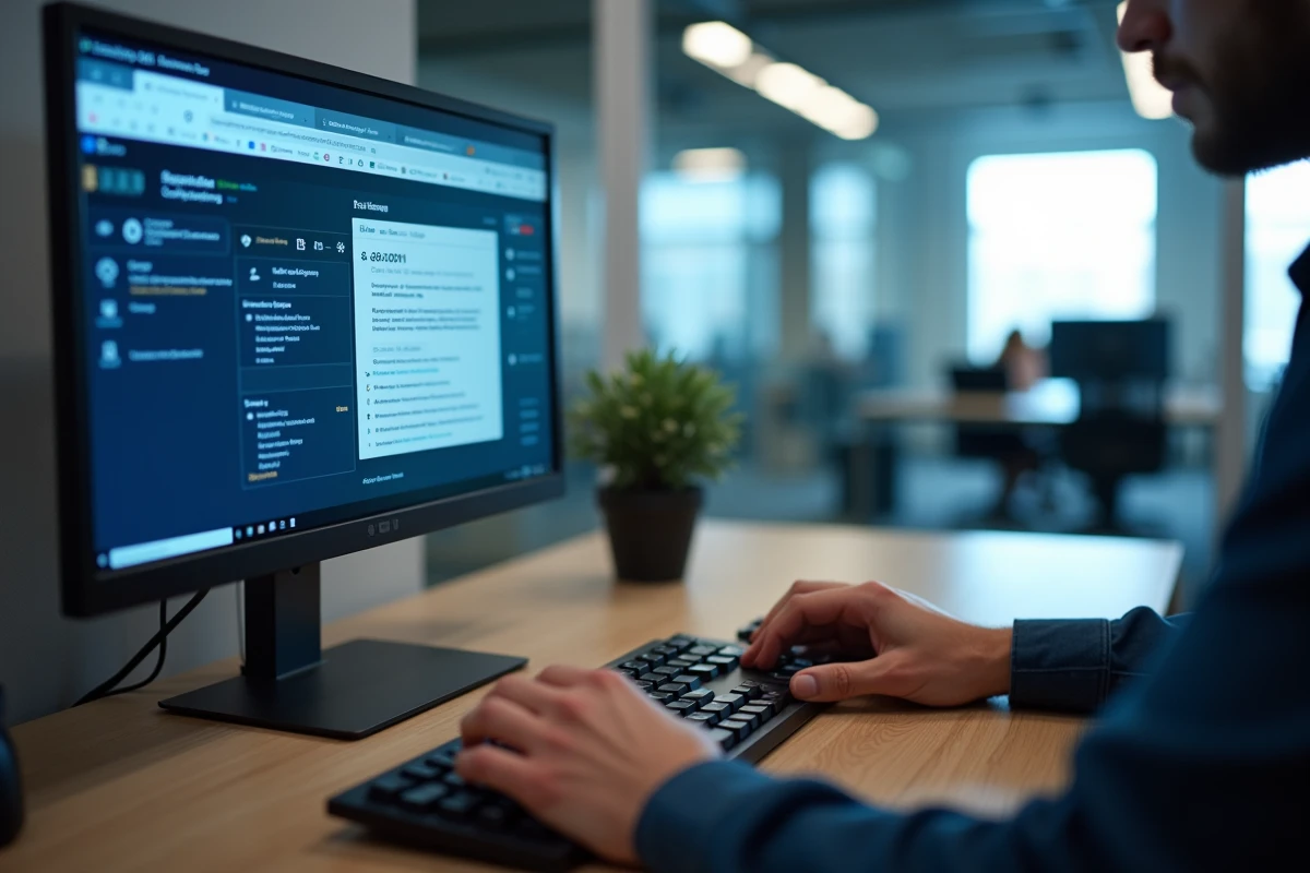 Gros plan sur un écran d'ordinateur affichant des avis et signaux d'alerte d'une plateforme en ligne, avec des mains tapant au clavier