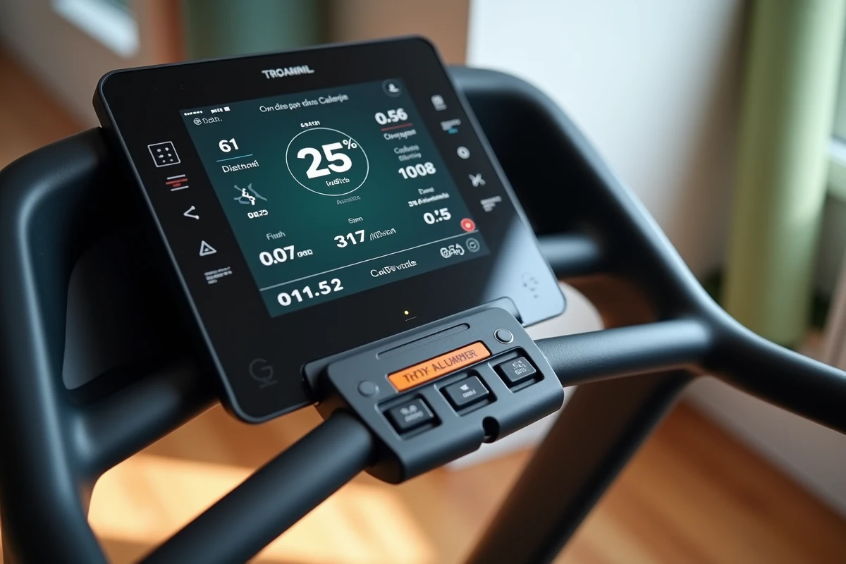 Écran tactile connecté du tapis de course Sportstech F17 affichant les données d'entraînement en temps réel