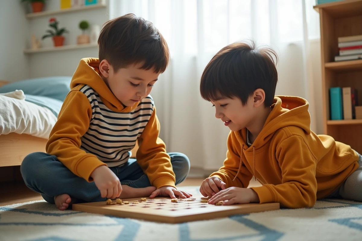 Deux enfants jouant ensemble à un jeu de société dans une chambre bien rangée