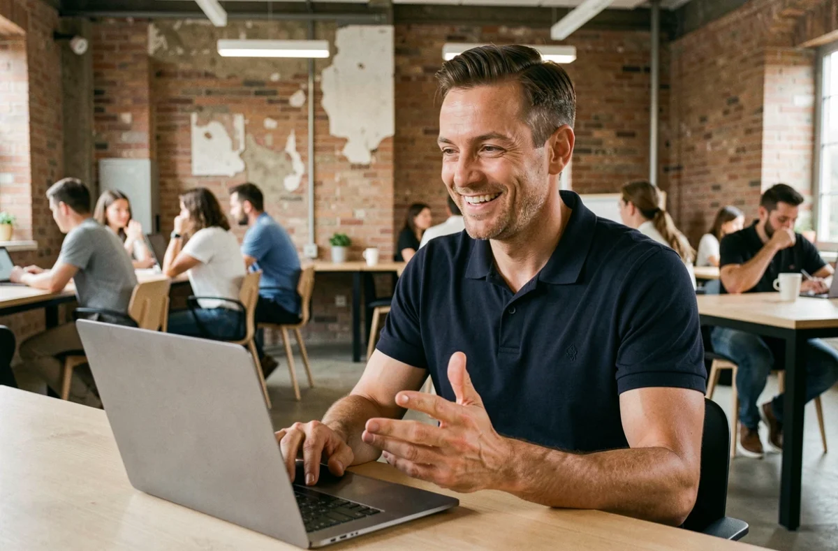 Entrepreneur en réunion virtuelle dans un espace de coworking moderne avec un ordinateur portable