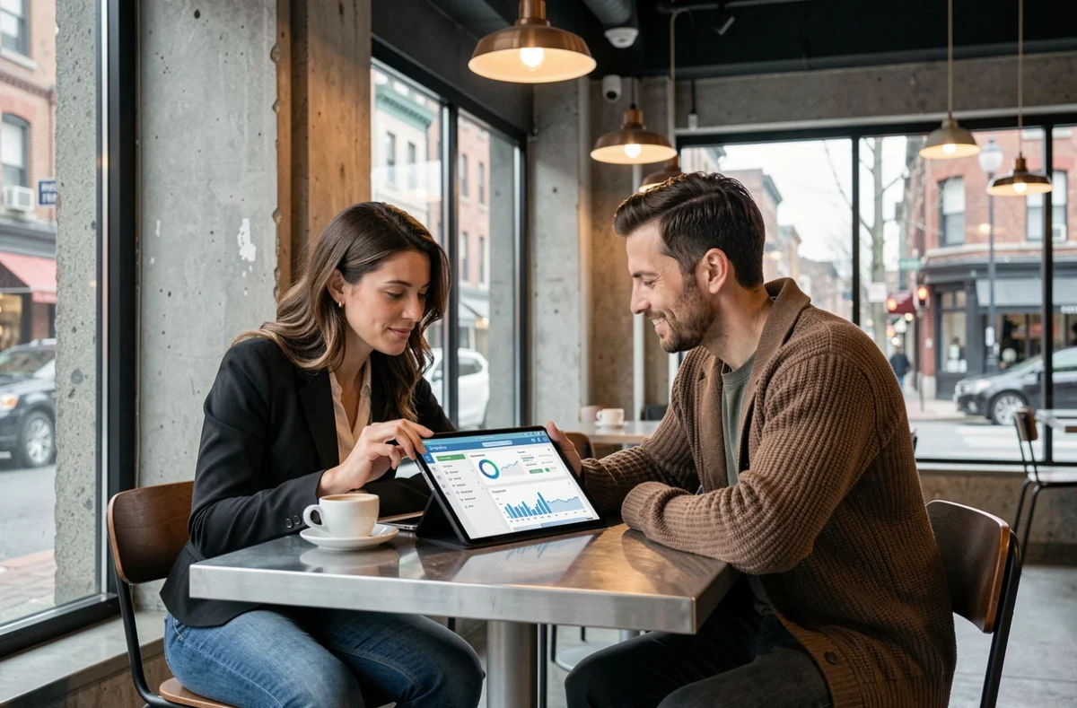 Deux entrepreneurs collaborant autour d'un tableau de bord numérique dans un café urbain moderne