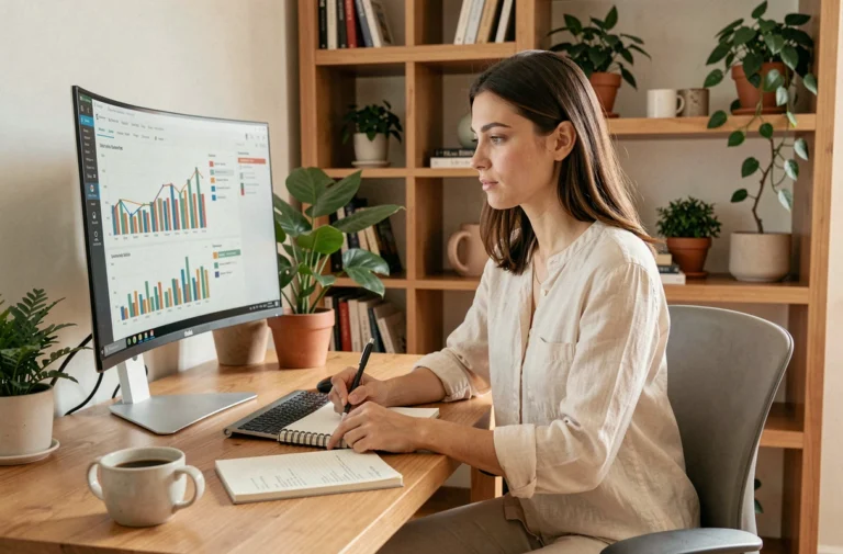 Entrepreneuse travaillant sur ses statistiques en ligne depuis son bureau à domicile moderne et organisé