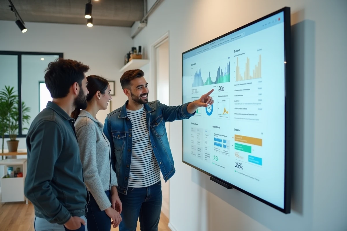 Équipe de jeunes professionnels analysant des tendances numériques sur un écran interactif dans un espace de coworking