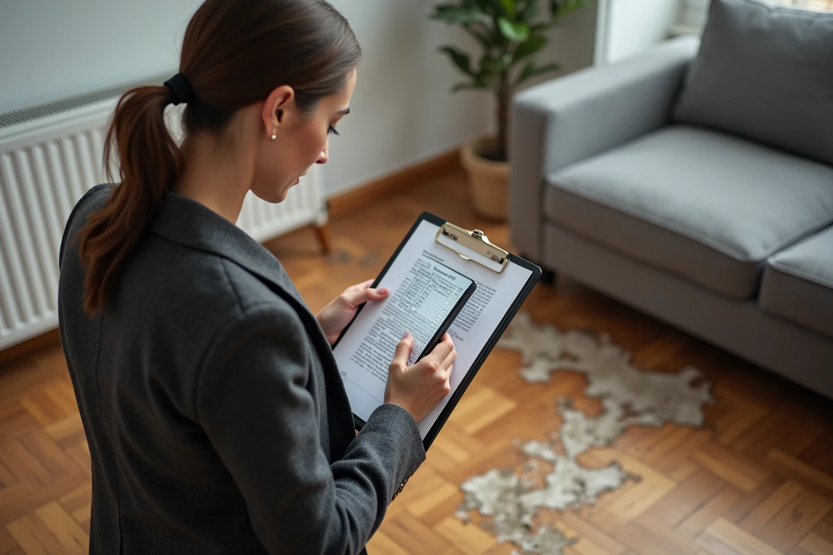 Expert en assurance évaluant les dégâts des eaux sur un parquet gonflé dans un salon d'appartement