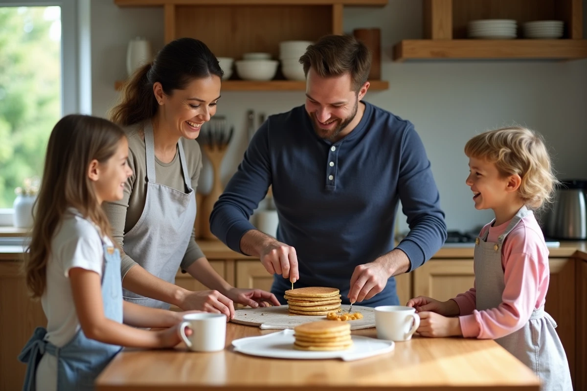Famille heureuse préparant des crêpes ensemble dans une cuisine chaleureuse le matin