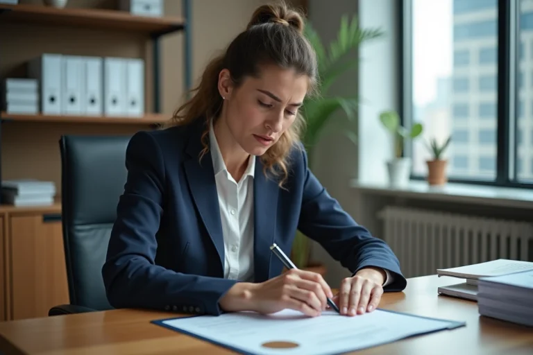 Femme d affaires examine un certificat dans un bureau moderne