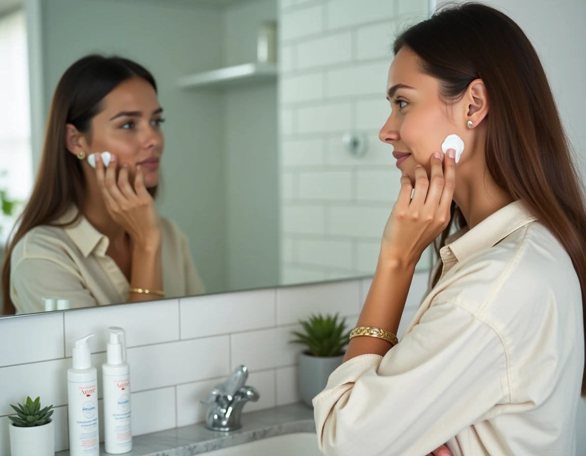 Femme appliquant une crème hydratante Avène sur peau sensible dans salle de bain