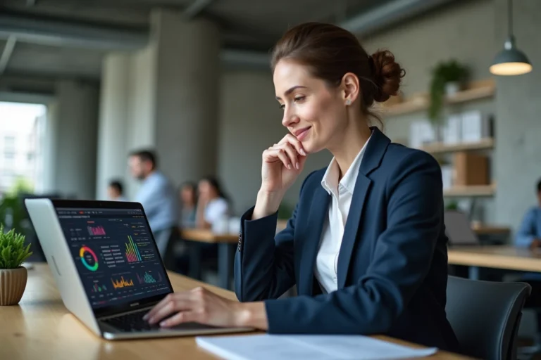 Femme professionnelle consultant des tableaux de bord numériques sur un ordinateur portable dans un bureau moderne