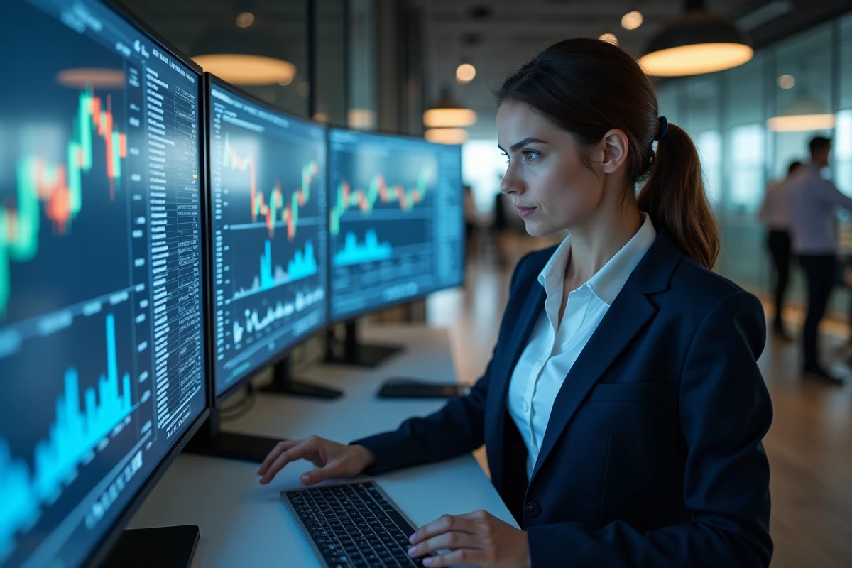 Femme cadre analysant des graphiques financiers sur un grand écran incurvé dans un bureau moderne