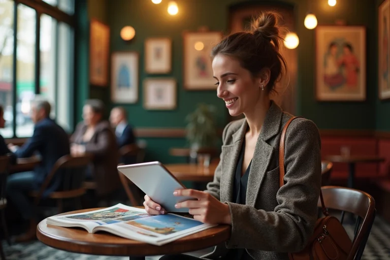 Femme élégante lisant un magazine d'art dans un café parisien