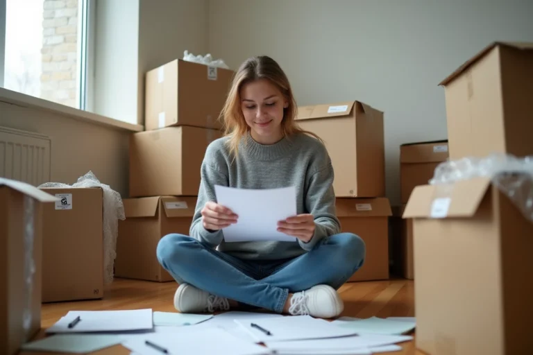 Jeune femme assise sur le sol entourée de cartons de déménagement en train de consulter des documents CAF pour ses aides au logement APL