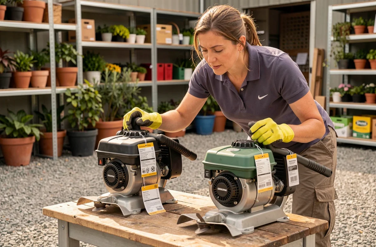 Femme comparant deux modèles de débroussailleuses thermiques dans un espace de vente extérieur