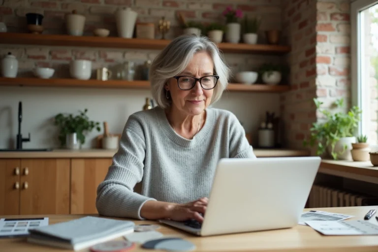 Femme consultant un site de rénovation en ligne entourée d'échantillons de matériaux sur une table en bois dans une cuisine moderne