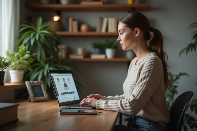 Jeune femme concentrée sur son ordinateur dans un bureau cosy