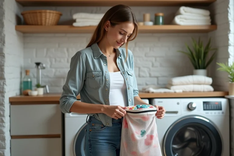 Jeune femme plaçant un sac de corset coloré dans un sac à linge