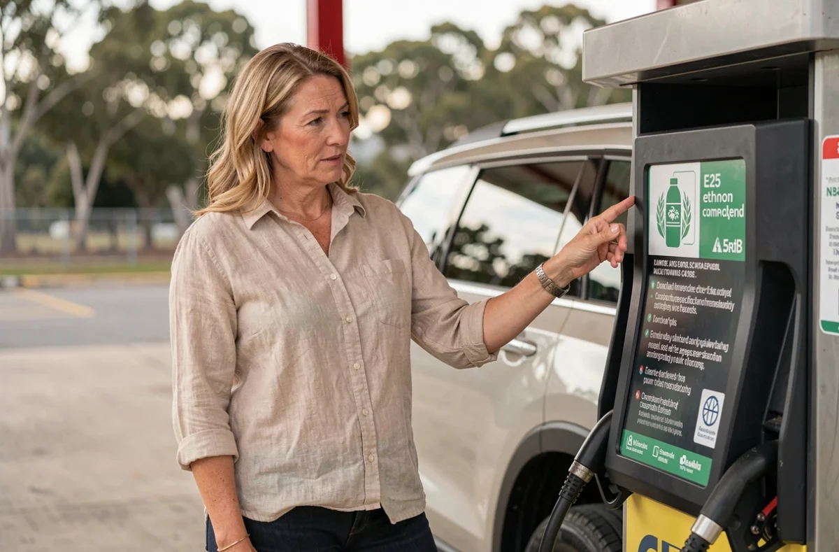 Femme lisant l'étiquette de compatibilité E25 sur une pompe à carburant à la station-service en libre-service