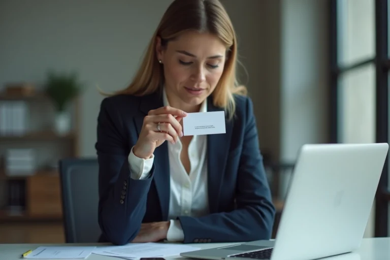 Femme professionnelle examinant une carte de visite avec mention du numéro SIRET dans un bureau moderne