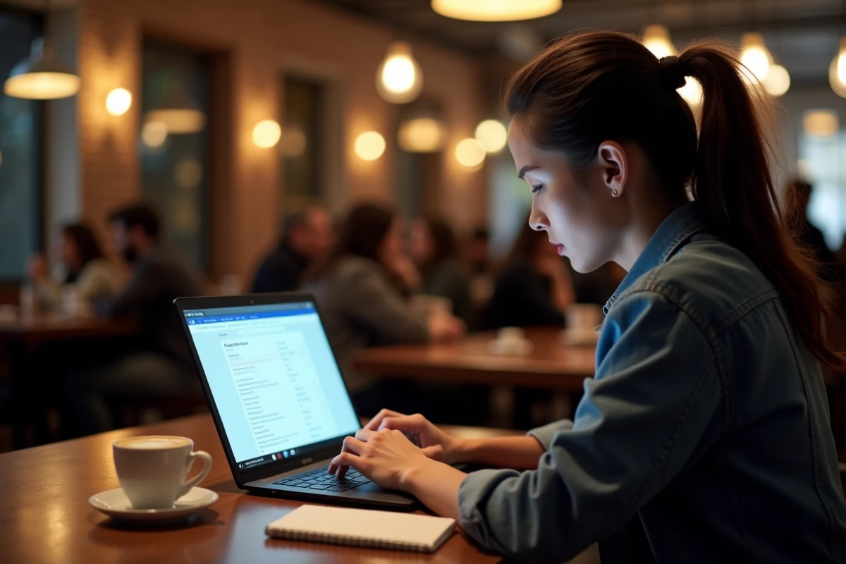 Femme cherchant des alternatives à un site de téléchargement torrent fermé dans un café