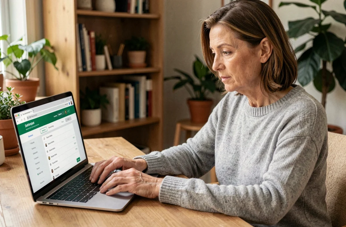 Femme utilisant un annuaire inversé gratuit sur un ordinateur portable pour retrouver un correspondant
