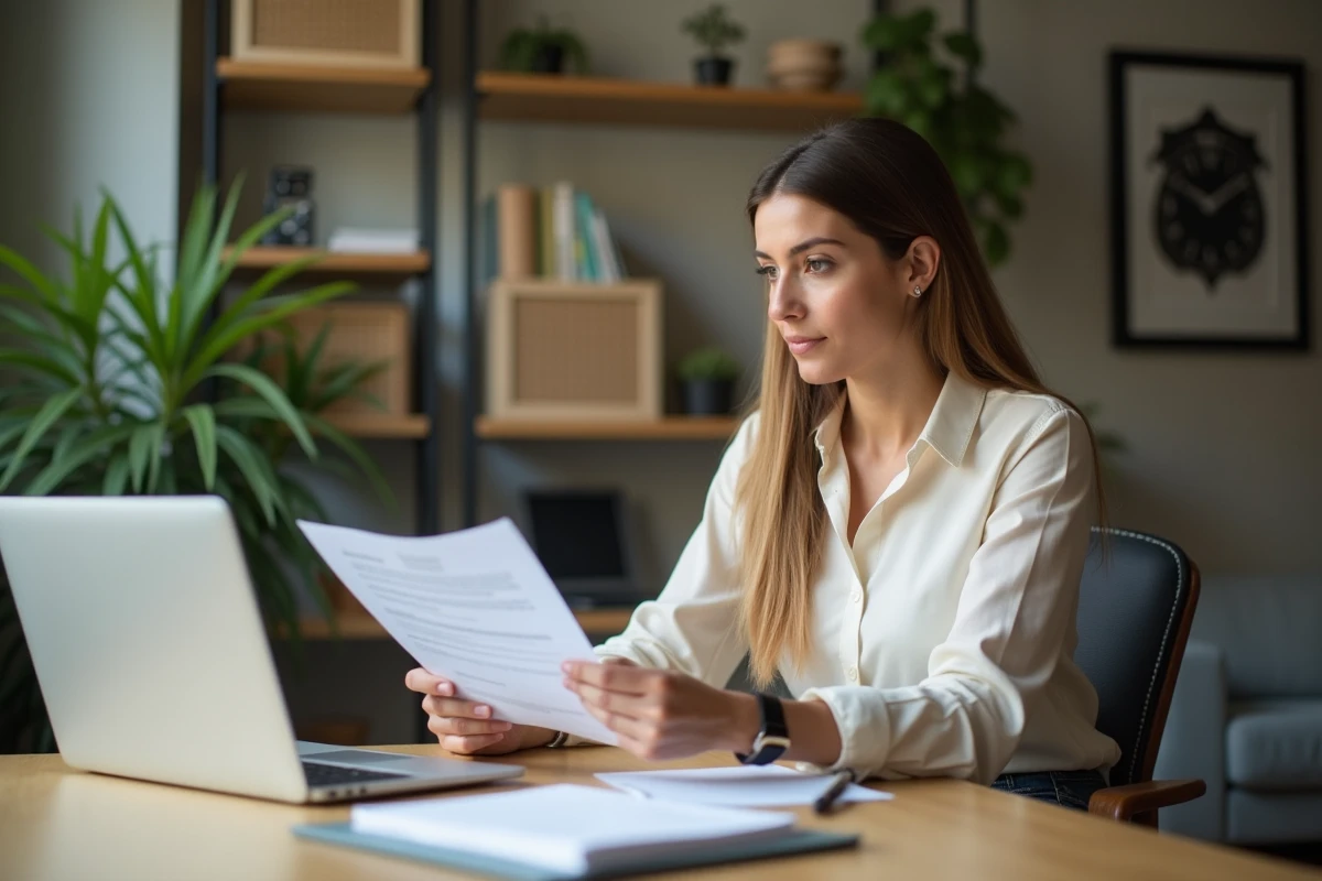 Femme en bureau à domicile examinant son CV avec concentration