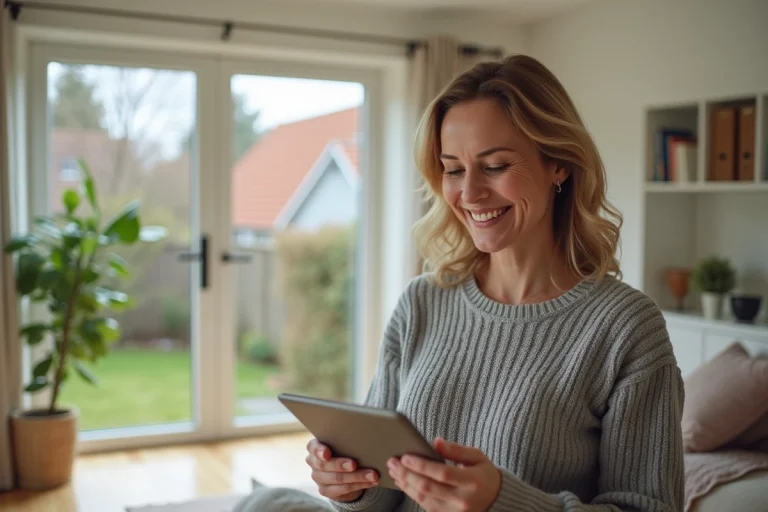 Femme souriante avec tablette dans salon moderne lumineux