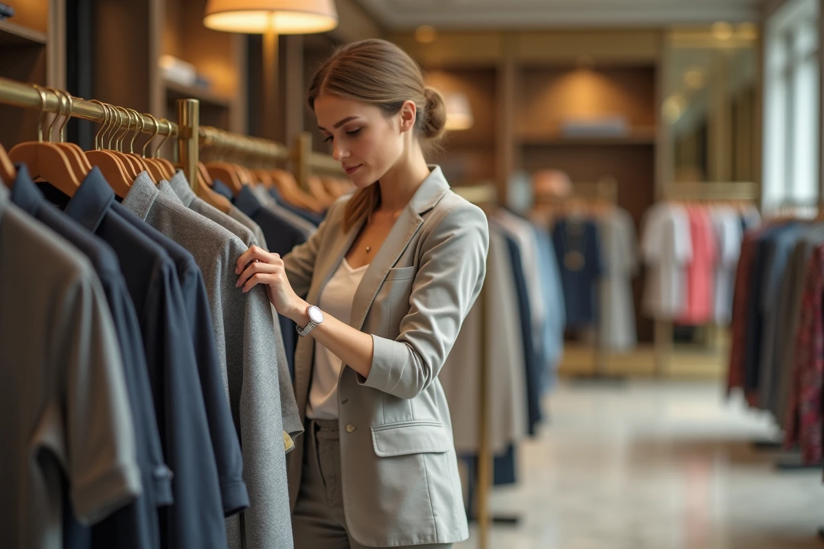 Femme élégante examinant l'étiquette d'un polo dans un grand magasin de luxe pour distinguer les marques Polo Club et Ralph Lauren