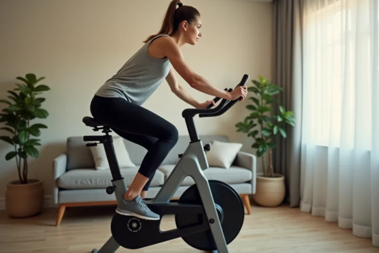 Femme utilisant un vélo d'appartement Sportstech X150 dans un salon moderne avec parquet en bois clair