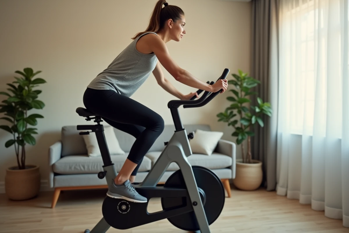 Femme utilisant un vélo d'appartement Sportstech X150 dans un salon moderne avec parquet en bois clair