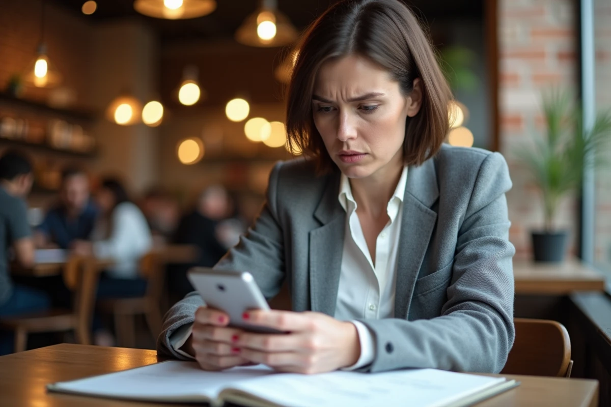 Femme comparant des informations sur son téléphone et un carnet dans un café pour vérifier la fiabilité d'une plateforme