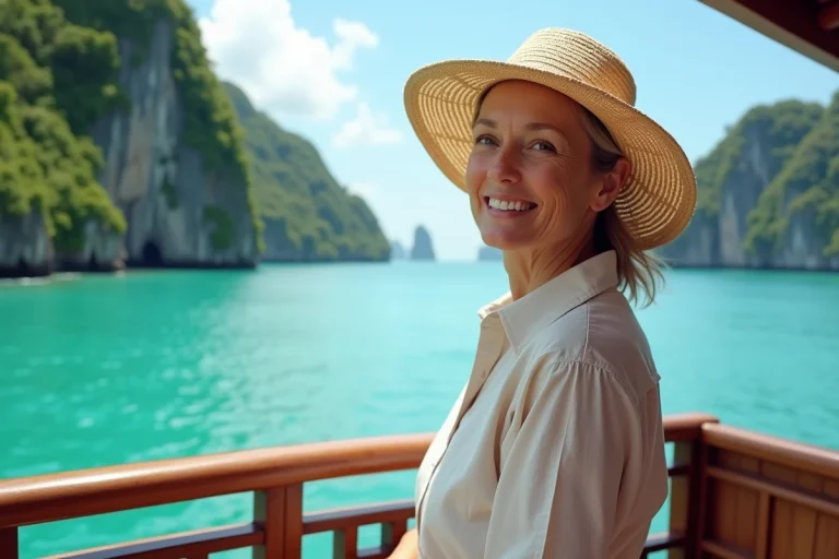 Femme souriante sur un bateau en bord de mer tropicale