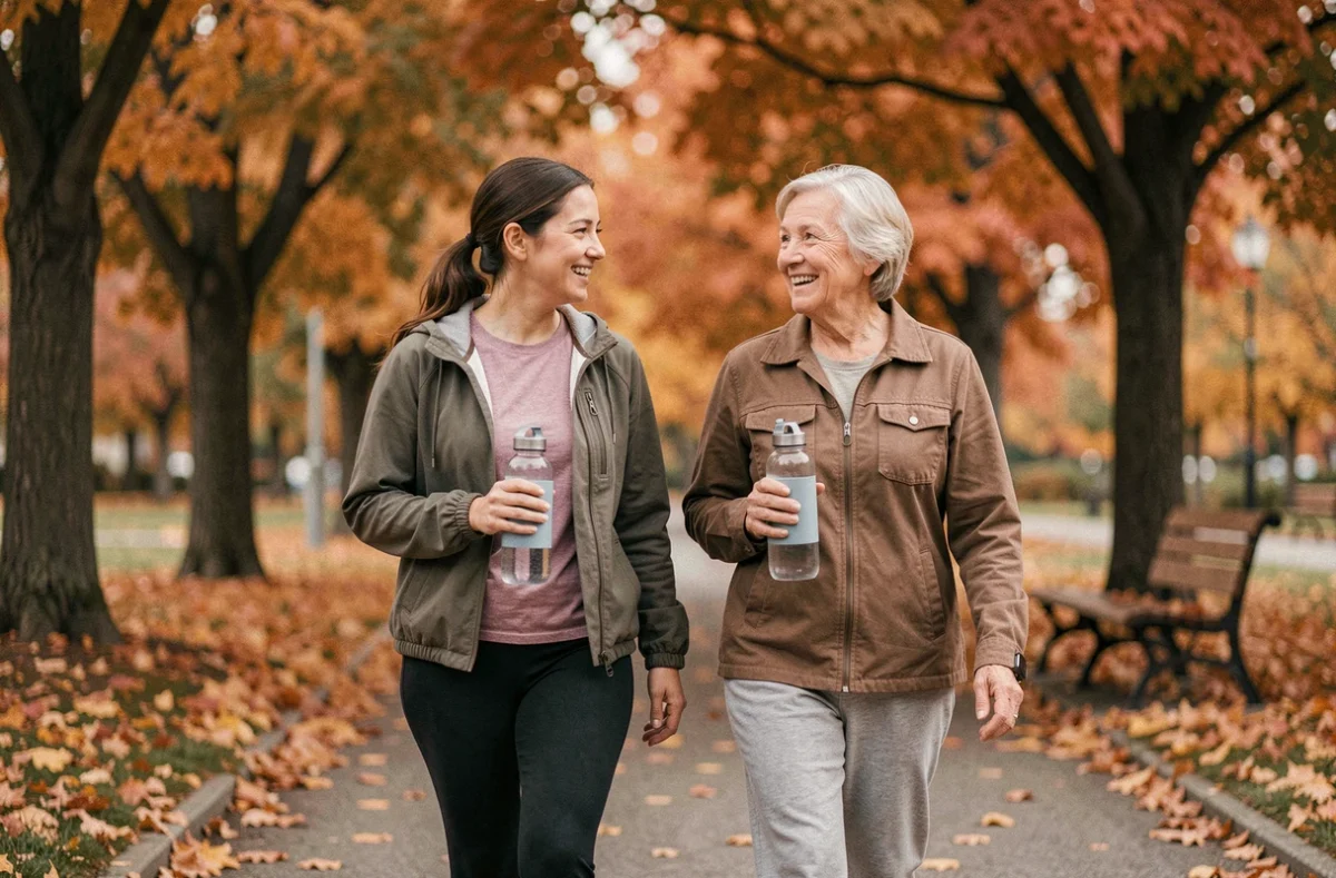 Deux femmes de générations différentes marchant ensemble dans un parc en automne pour prendre soin de leur santé au quotidien